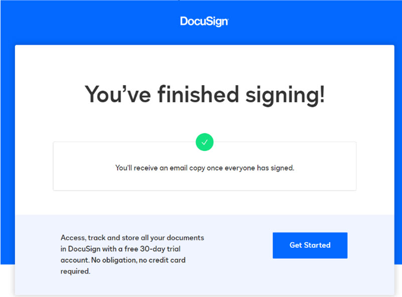 The DocuSign completed page. 